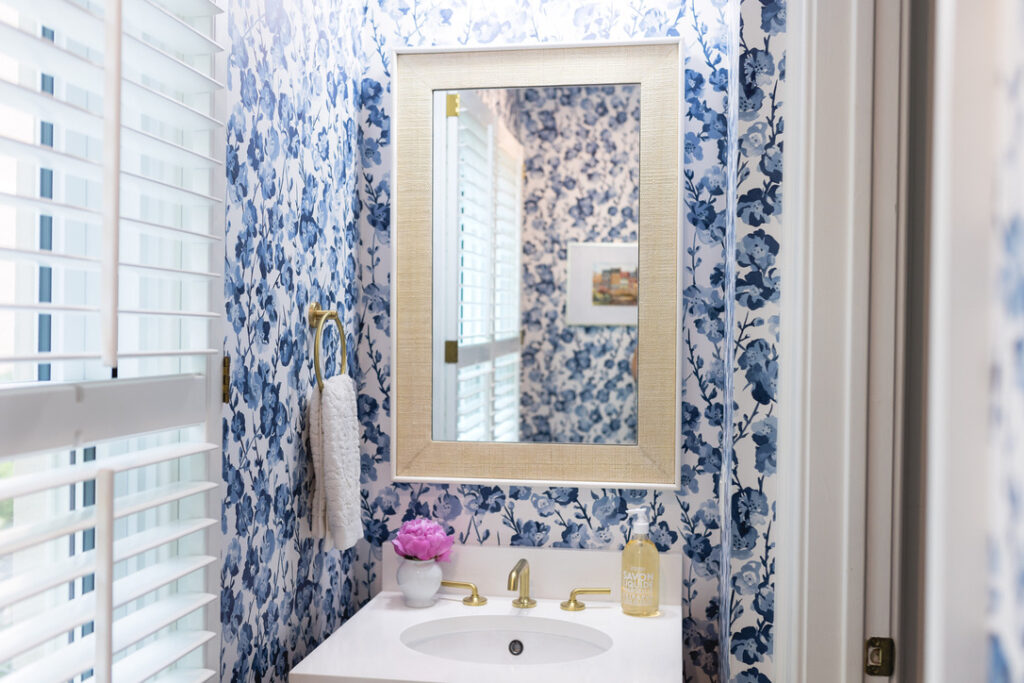 Blue and White Floral Powder Room with Serena and Lily Wallpaper. 